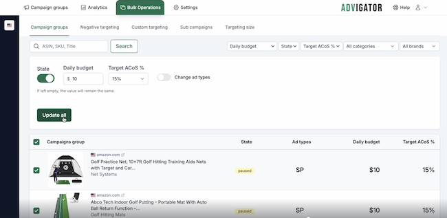 Amazon Ads bulk operations spreadsheet interface